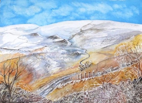Snow on the Peaks, Derbyshire. Watercolour 56x76cms